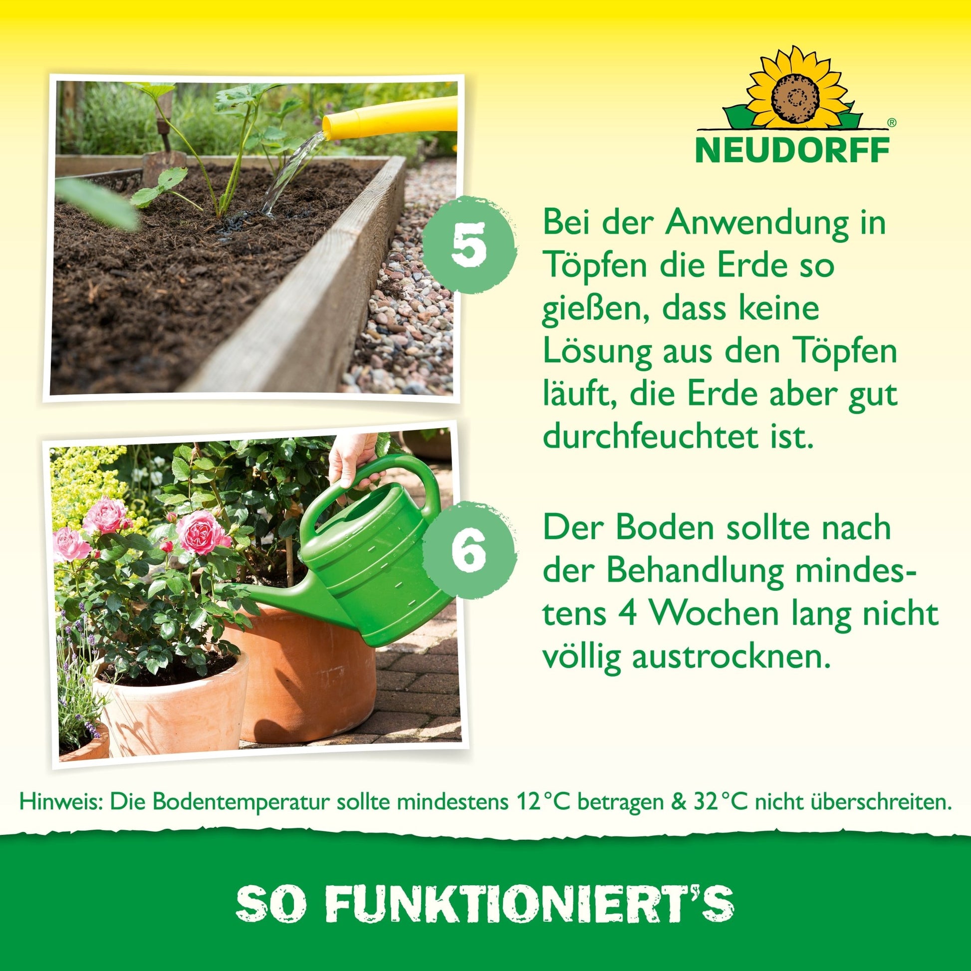 A person loosens the soil in a raised bed with a hand rake while another waters a plant. The Neudorff Shop logo and German instructions point to the use of beneficial insects against vine weevils for natural pest control.