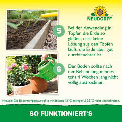 A person loosens the soil in a raised bed with a hand rake while another waters a plant. The Neudorff Shop logo and German instructions point to the use of beneficial insects against vine weevils for natural pest control.
