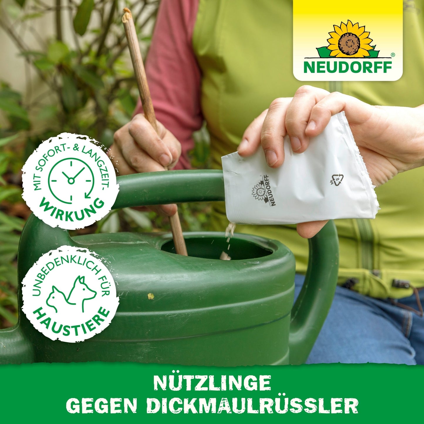A person pours a white packet into a green watering can outdoors. The image shows German text and a graphic for the pet-safe "Beneficial Insects Against Vine Weevils" from Neudorff Shop, which work against phylloxera infestation with nematodes.
