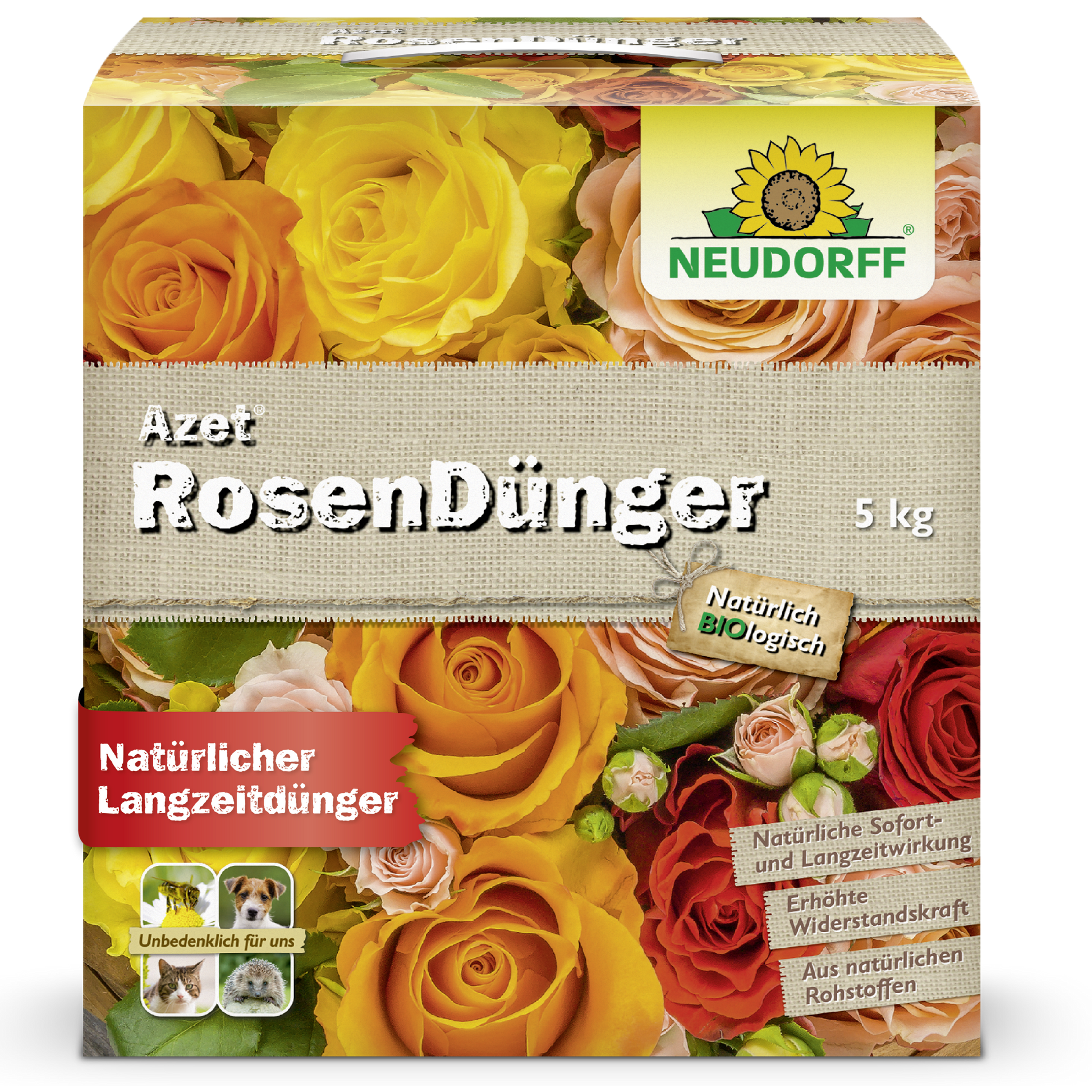 A 5 kg box of Neudorff Shop Azet Rose Fertilizer shows images of yellow, orange, and red blooming roses. Natural and organic, it offers long-term nourishment for your roses.