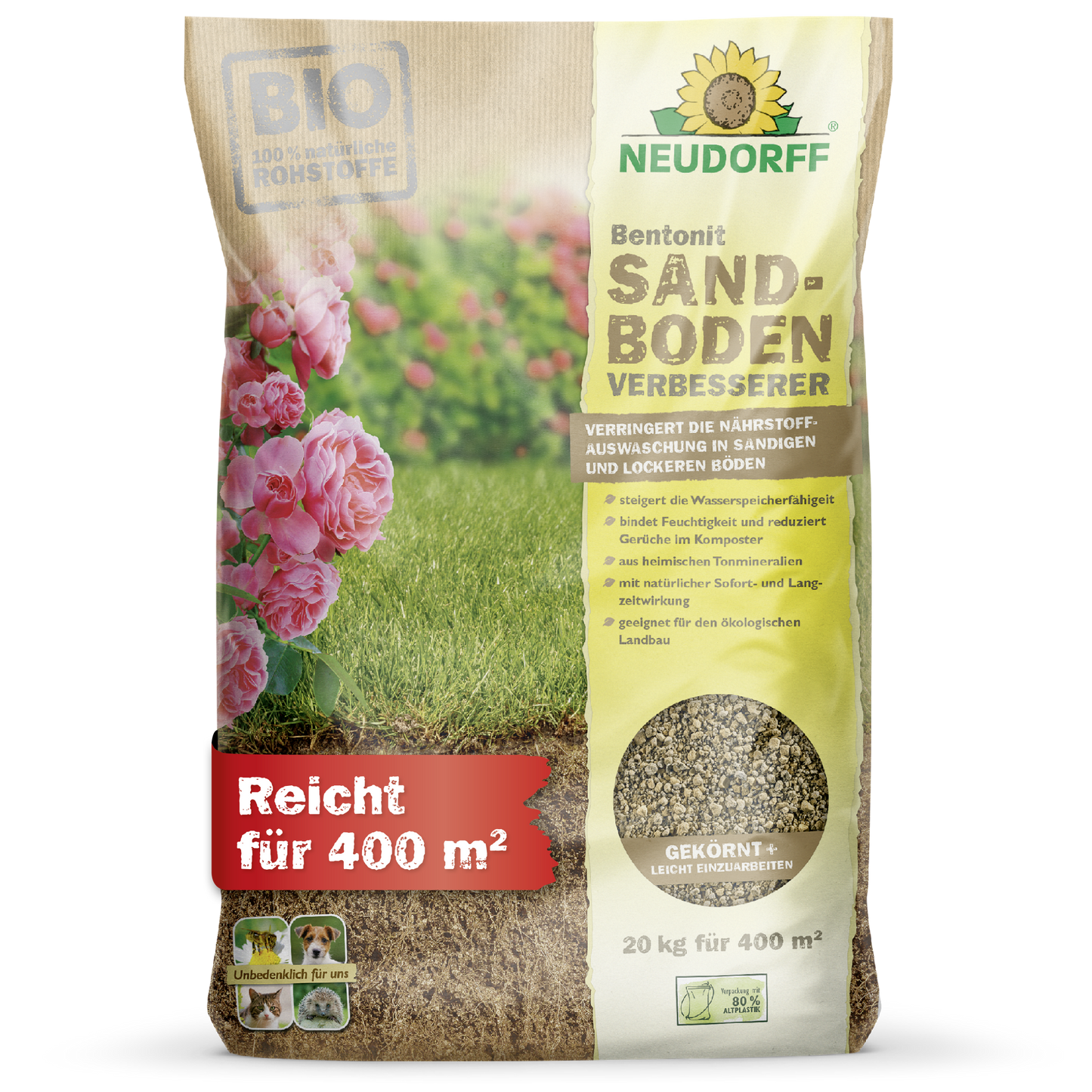 A 20-kg bag of Neudorff Shop Bentonite Sand Soil Improver stands upright; the packaging shows grass, flowers, and highlights "clay minerals," "improve sandy soil," and "store nutrients." Covers up to 400 m².