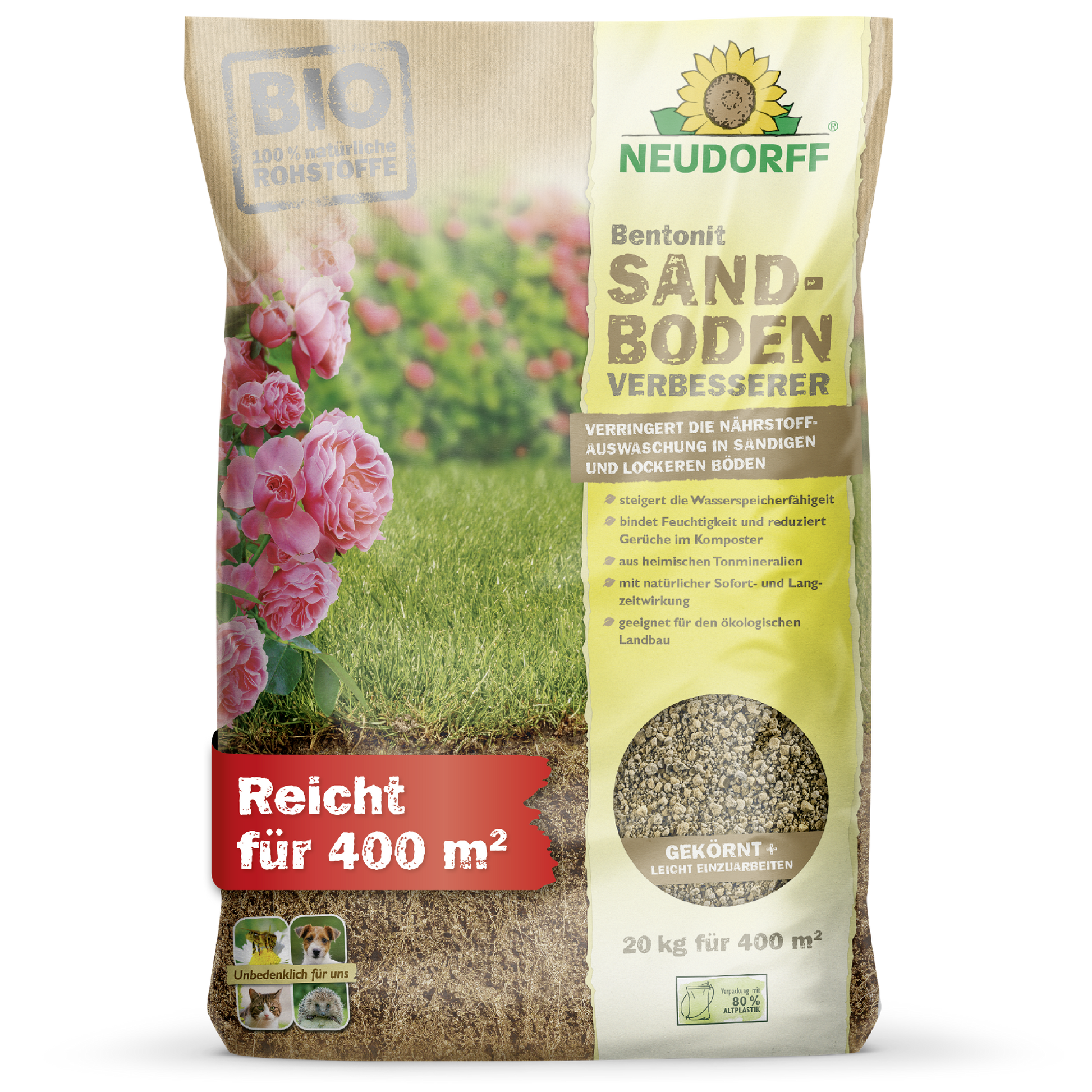 A 20-kg bag of Neudorff Shop Bentonite Sand Soil Improver stands upright; the packaging shows grass, flowers, and highlights "clay minerals," "improve sandy soil," and "store nutrients." Covers up to 400 m².
