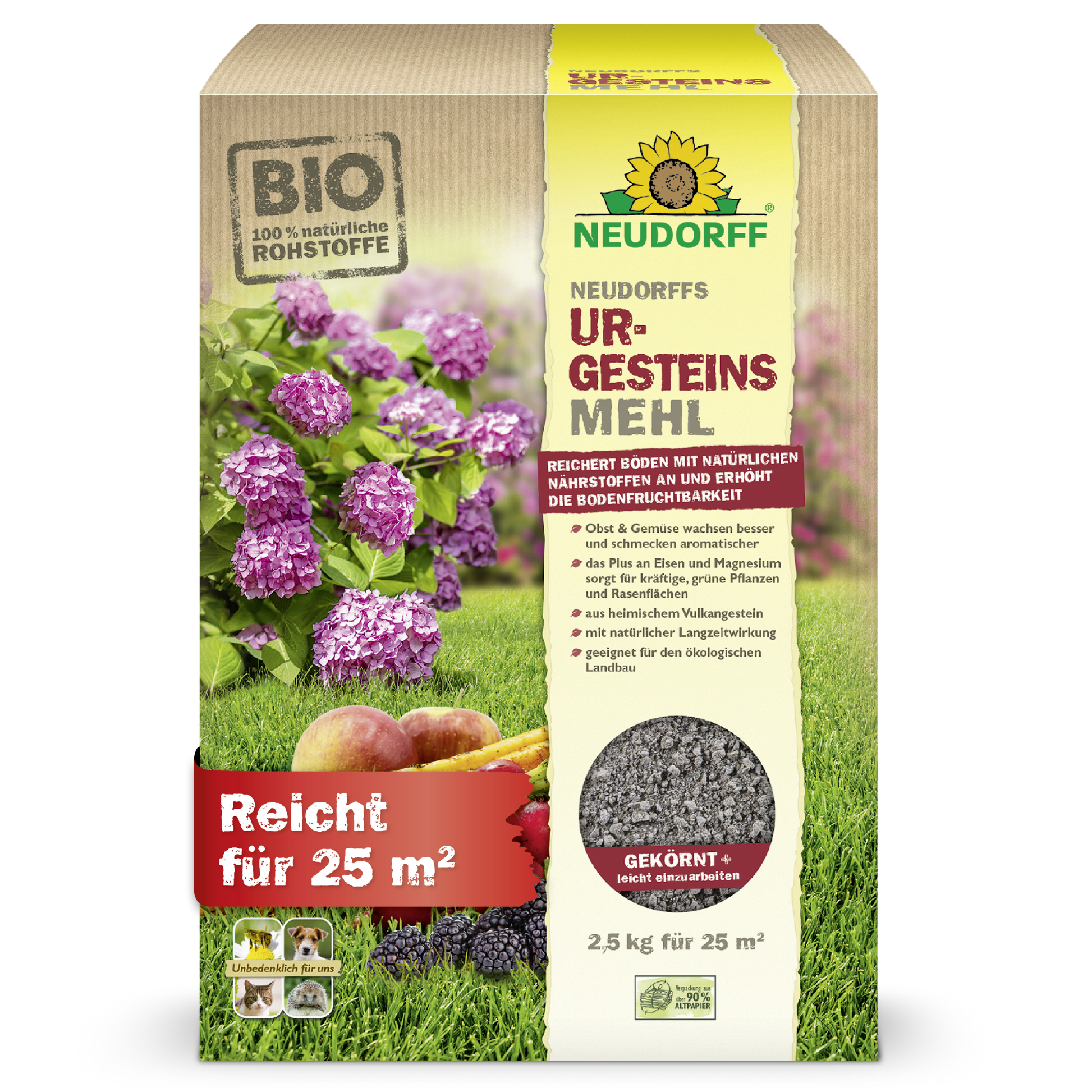 A box of Neudorff's UrgesteinsMehl from the Neudorff Shop stands upright and displays pictures of hydrangeas, apples, and grass. The 2.5 kg package is sufficient for 25 m² and is intended to improve soil fertility.