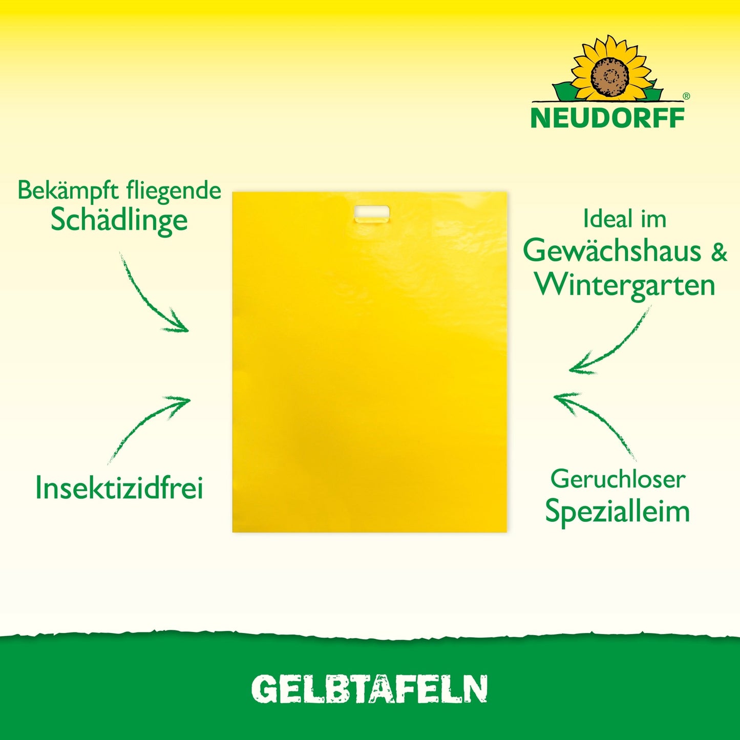 The Neudorff Shop Yellow Boards (large format) adhesive trap combats plant pests without insecticides, is ideal for greenhouses and conservatories, uses odorless special glue, and features the Neudorff logo at the top.
