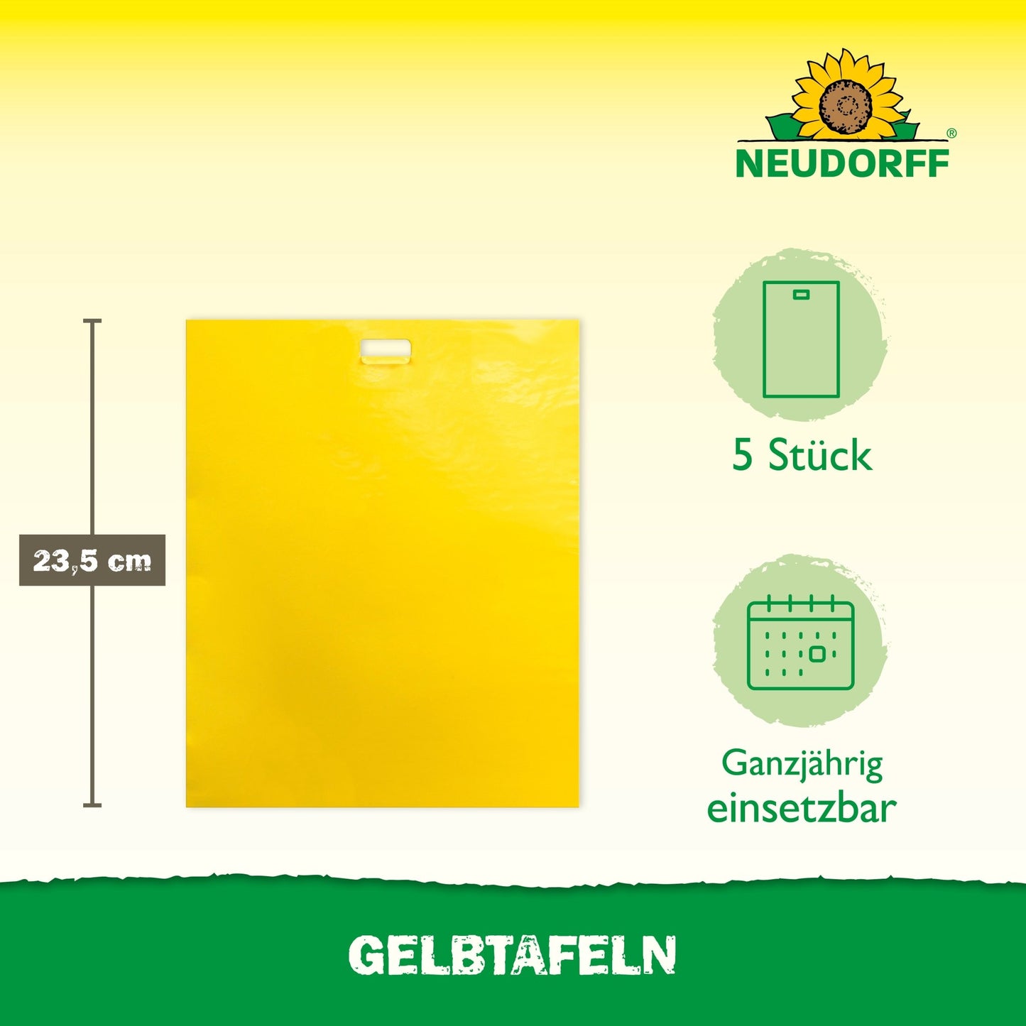 Pictured is a 23.5 cm yellow Yellow Board (large format) from the Neudorff Shop for greenhouse use. Pack of 5, suitable year-round. Sunflower logo at the top right; "Yellow Boards" at the bottom against plant pests.