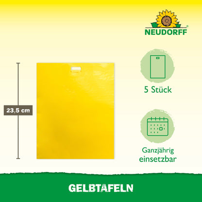 Pictured is a 23.5 cm yellow Yellow Board (large format) from the Neudorff Shop for greenhouse use. Pack of 5, suitable year-round. Sunflower logo at the top right; "Yellow Boards" at the bottom against plant pests.