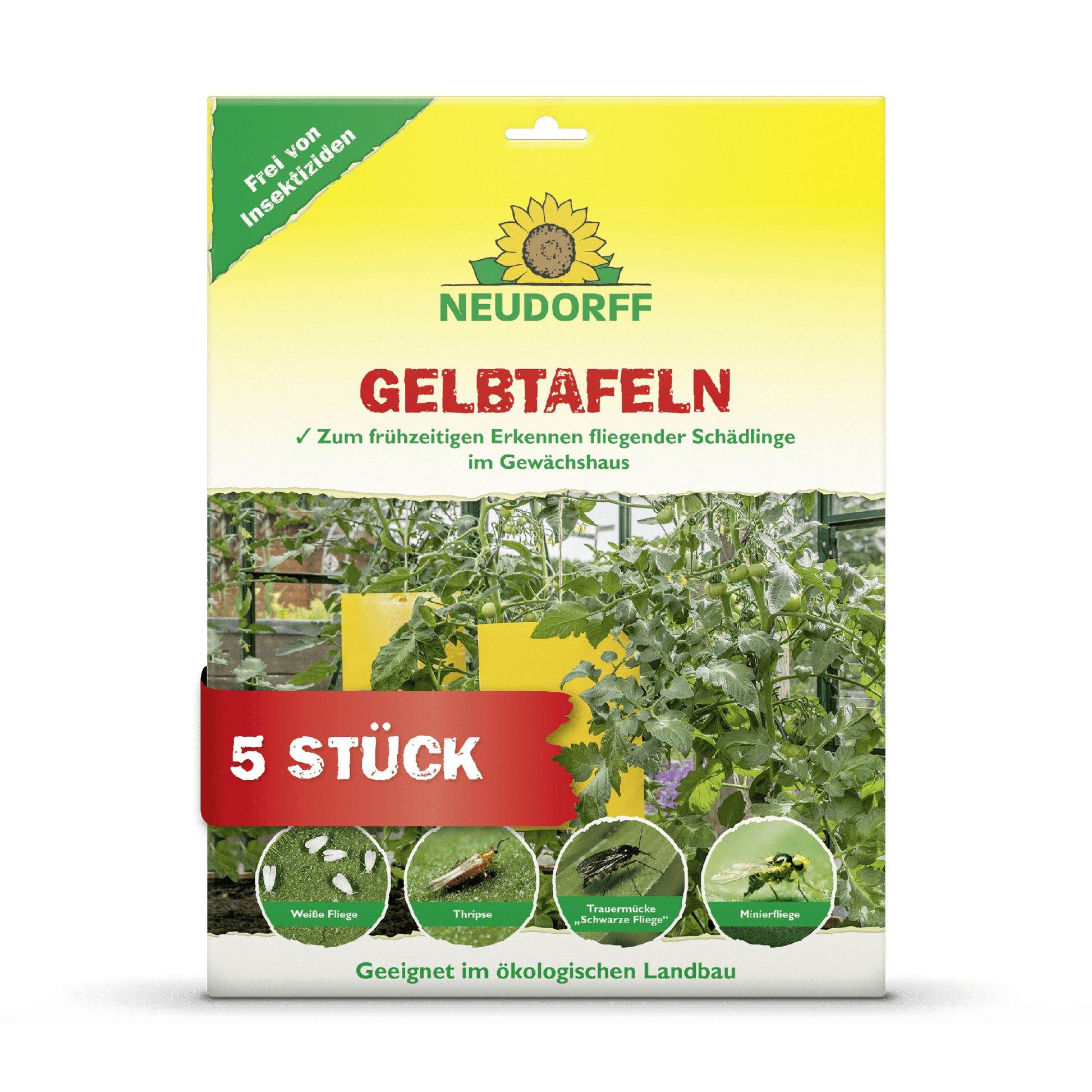 Front view of the packaging of Neudorff Shop Yellow Boards (large format) with five traps for early detection of plant pests in greenhouses, with images of plants and captured insects. The packaging text is in German.