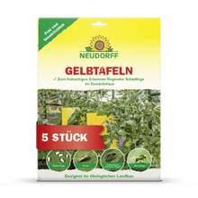 Front view of the packaging of Neudorff Shop Yellow Boards (large format) with five traps for early detection of plant pests in greenhouses, with images of plants and captured insects. The packaging text is in German.