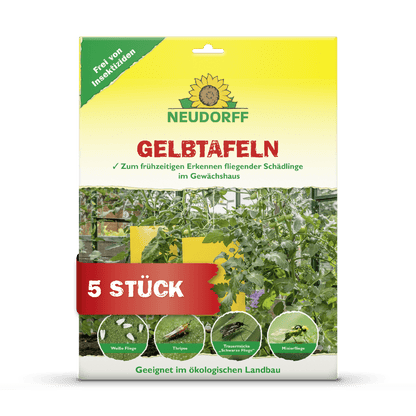 Front view of the packaging of Neudorff Shop Yellow Boards (large format) with five traps for early detection of plant pests in greenhouses, with images of plants and captured insects. The packaging text is in German.