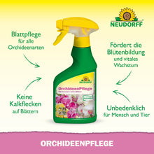 Pictured is a green-yellow spray bottle labeled "OrchideenPflege" from Neudorff Shop. German arrows highlight its advantages: ideal orchid care, no lime stains, supports flowering, and is safe for all orchid leaves.