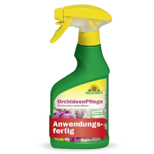 On a green spray bottle with a yellow nozzle labeled "OrchideenPflege" from Neudorff Shop, orchids are depicted, and a text indicates that it is a ready-to-use plant care product for optimal orchid health.
