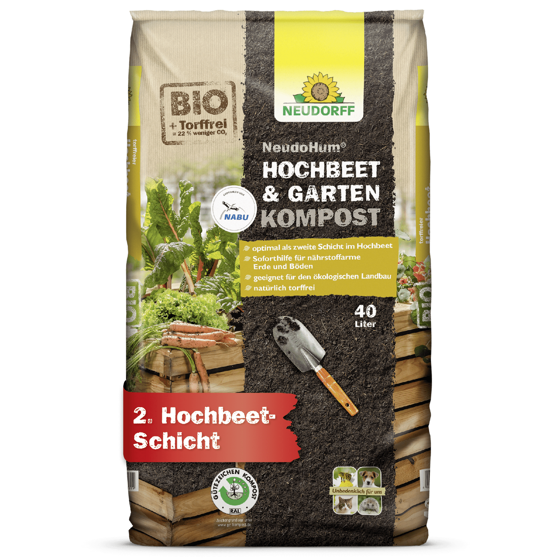 A 40-liter bag of NeudoHum Raised Bed & Garden Compost from Neudorff Shop - organic, peat-free compost for raised beds or gardens, with vegetables and a trowel on the front.
