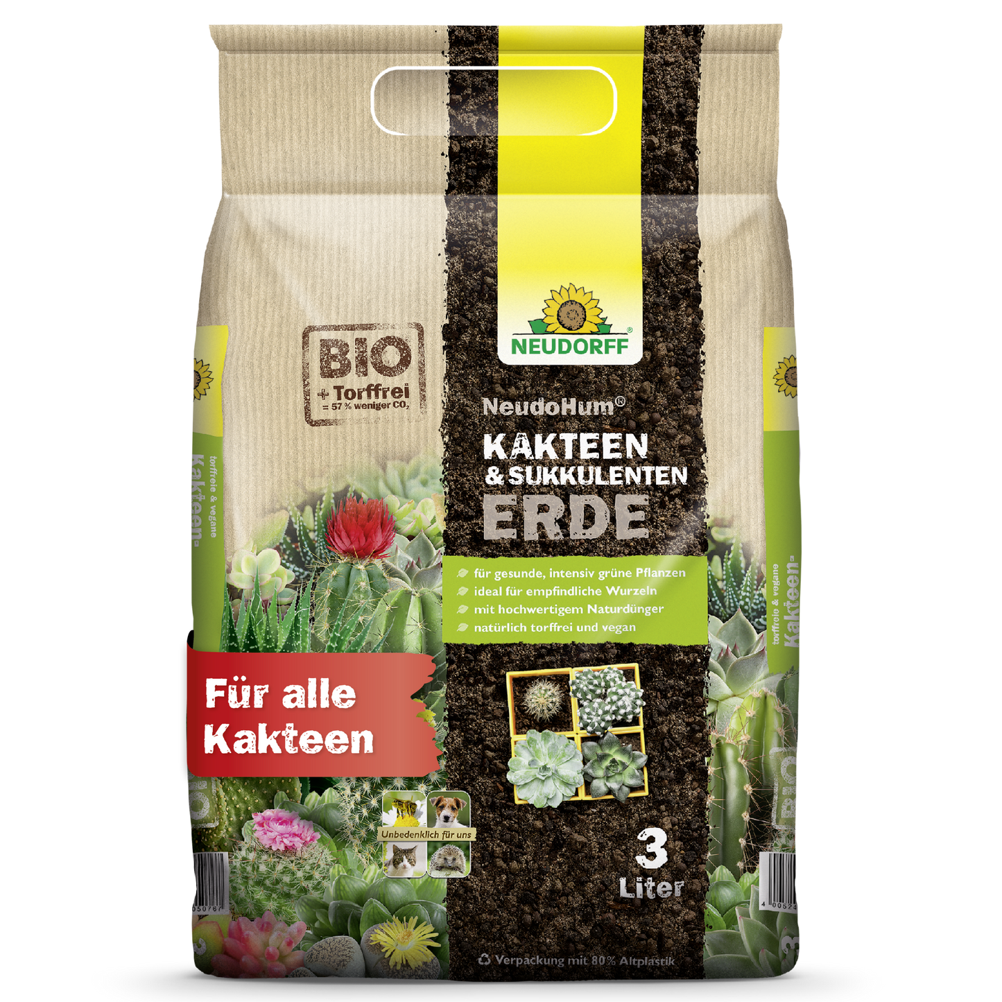 A 3-liter bag of Neudorff Shop NeudoHum Cactus & Succulent Soil, ideal for all cacti and succulents, in beige packaging with green-yellow accents, cactus images, and red text "For all cacti".