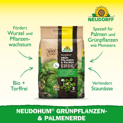 A bag of NeudoHum Green Plant & Palm Soil from Neudorff Shop stands upright, with green and yellow branding. The text highlights the benefits for root and plant growth, natural water storage, and suitability for houseplants and palms.