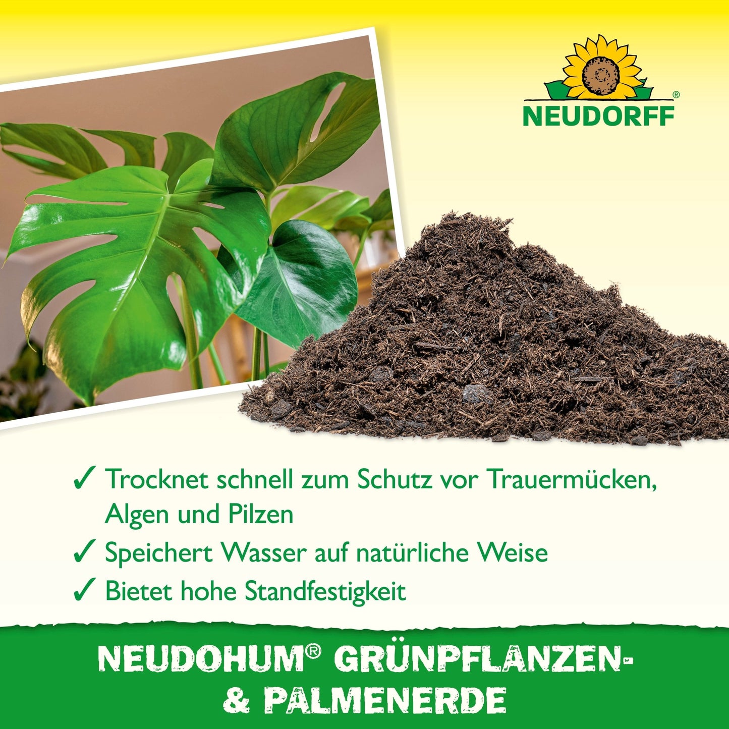 A Monstera leaf sits next to a pile of NeudoHum Green Plant & Palm Soil. The image shows the Neudorff Shop logo and highlights the natural water storage for houseplants and palms on a yellow-green background.