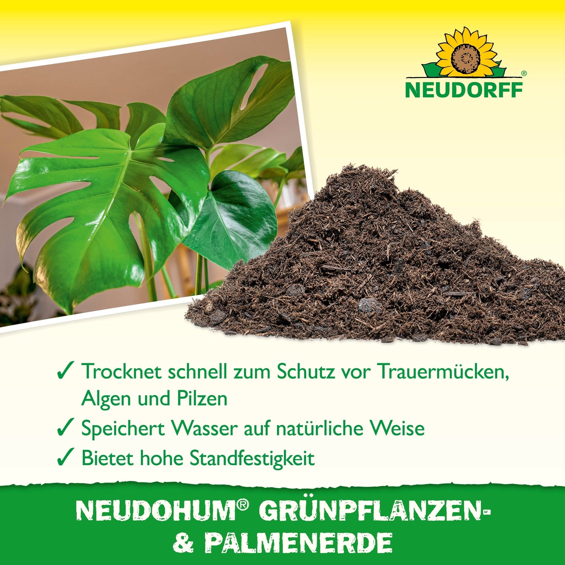 A Monstera leaf sits next to a pile of NeudoHum Green Plant & Palm Soil. The image shows the Neudorff Shop logo and highlights the natural water storage for houseplants and palms on a yellow-green background.