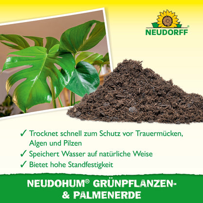 A Monstera leaf sits next to a pile of NeudoHum Green Plant & Palm Soil. The image shows the Neudorff Shop logo and highlights the natural water storage for houseplants and palms on a yellow-green background.