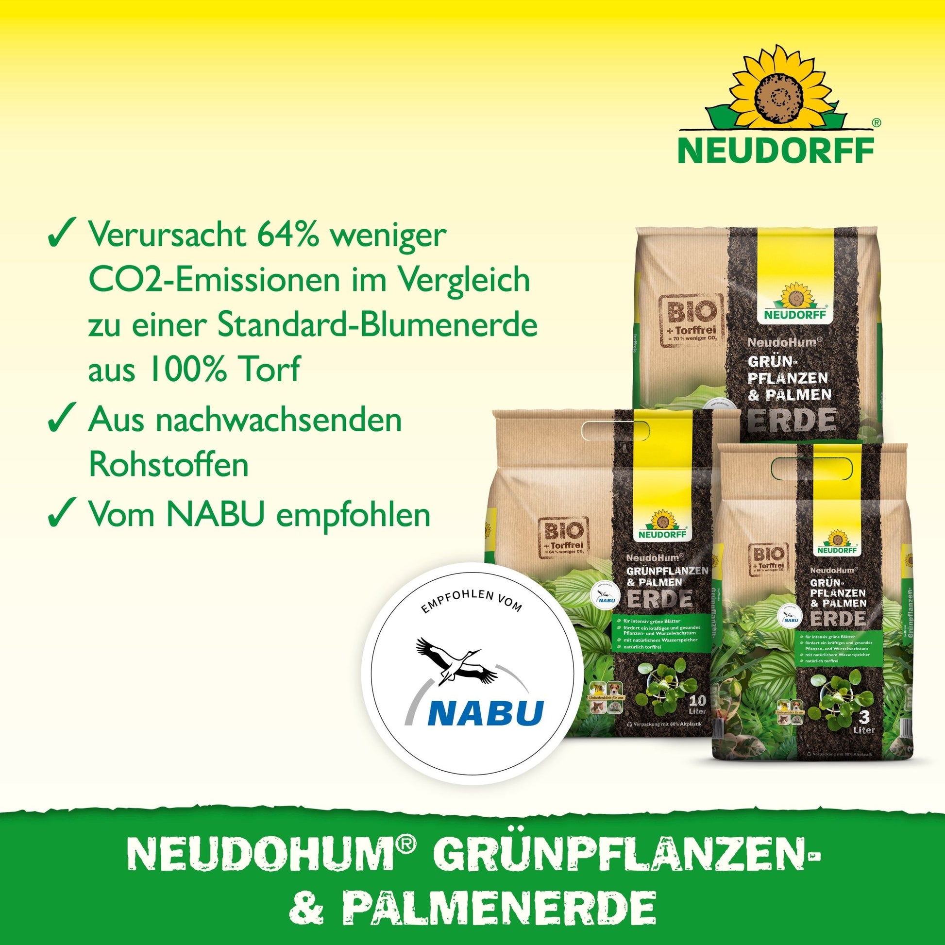 Three bags of NeudoHum Green Plant & Palm Soil from the Neudorff Shop are displayed. Highlights include reduced CO₂ emissions, renewable raw materials, NABU recommendation, NABU logo, Neudorff logo (top right), and suitability for houseplants.