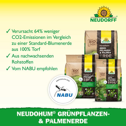 Three bags of NeudoHum Green Plant & Palm Soil from the Neudorff Shop are displayed. Highlights include reduced CO₂ emissions, renewable raw materials, NABU recommendation, NABU logo, Neudorff logo (top right), and suitability for houseplants.