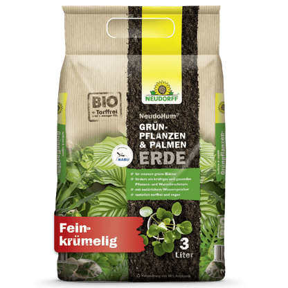 A 3-liter bag of NeudoHum Green Plant & Palm Soil from the Neudorff Shop in beige-green packaging with plant images, product information, a red "fine crumbly" label, and a note about its natural water reservoir.