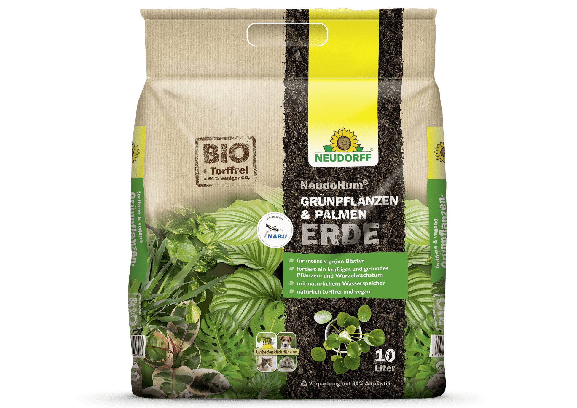 A 10-liter sack of Neudorff Shop NeudoHum Green Plant & Palm Soil is equipped with German BIO/eco labels and a natural water reservoir for healthy plants. The packaging features green leaves, plants, and environmentally friendly symbols.