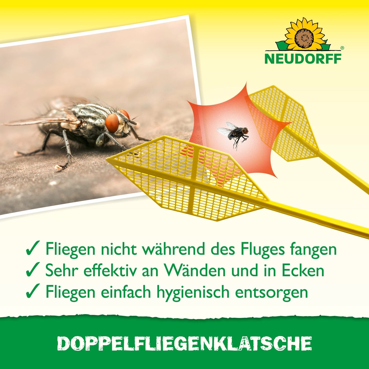 Next to a close-up of a housefly, two yellow double fly swatters from the Neudorff Shop with insect graphics can be seen. The German text emphasizes easy, stain-free fly catching. The Neudorff logo is placed at the top right.