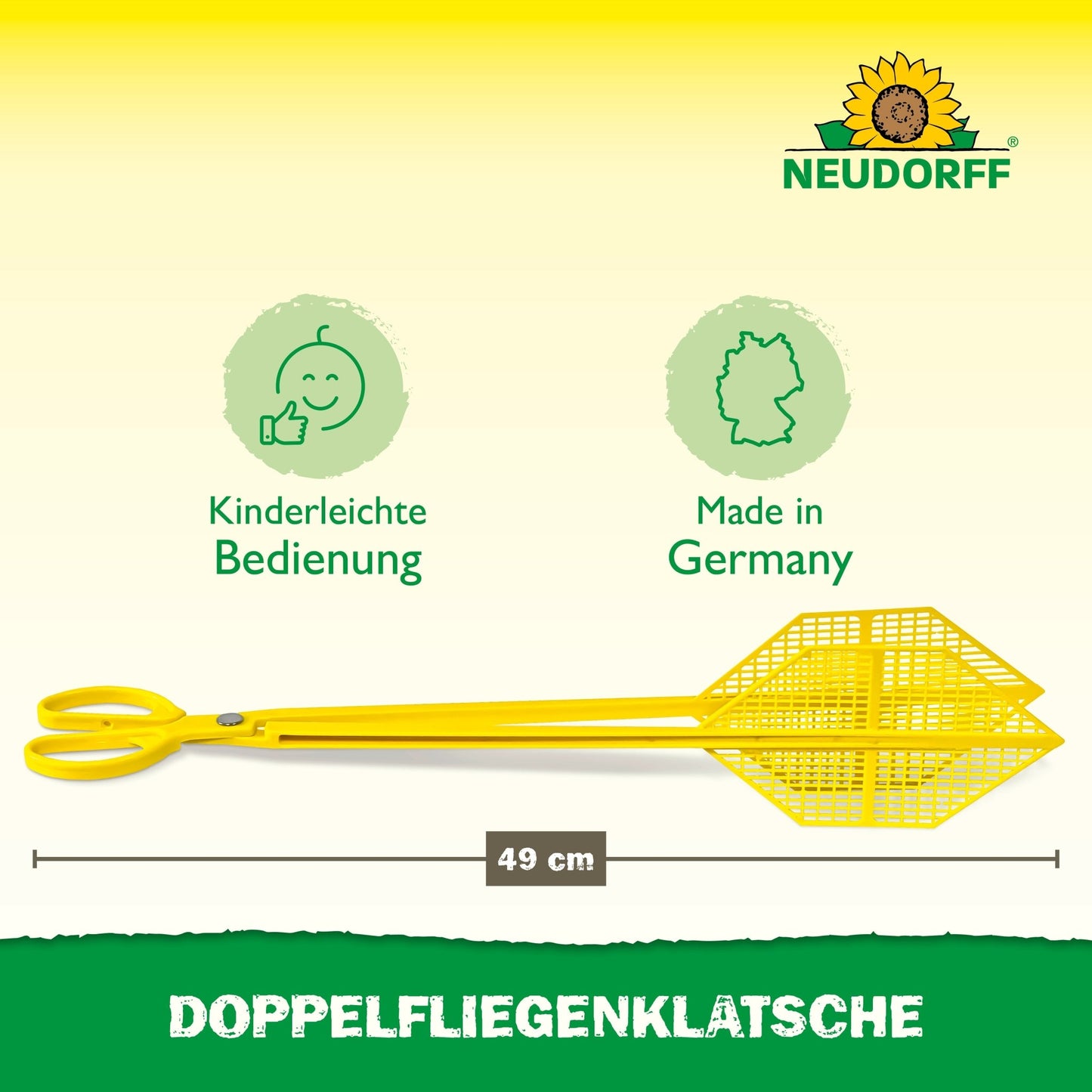 A yellow double fly swatter (49 cm) from the Neudorff Shop is depicted horizontally. Icons show "easy to use" and "made in Germany." Above the text appears the Neudorff sunflower logo: "Double fly swatter - catch flies without stains."