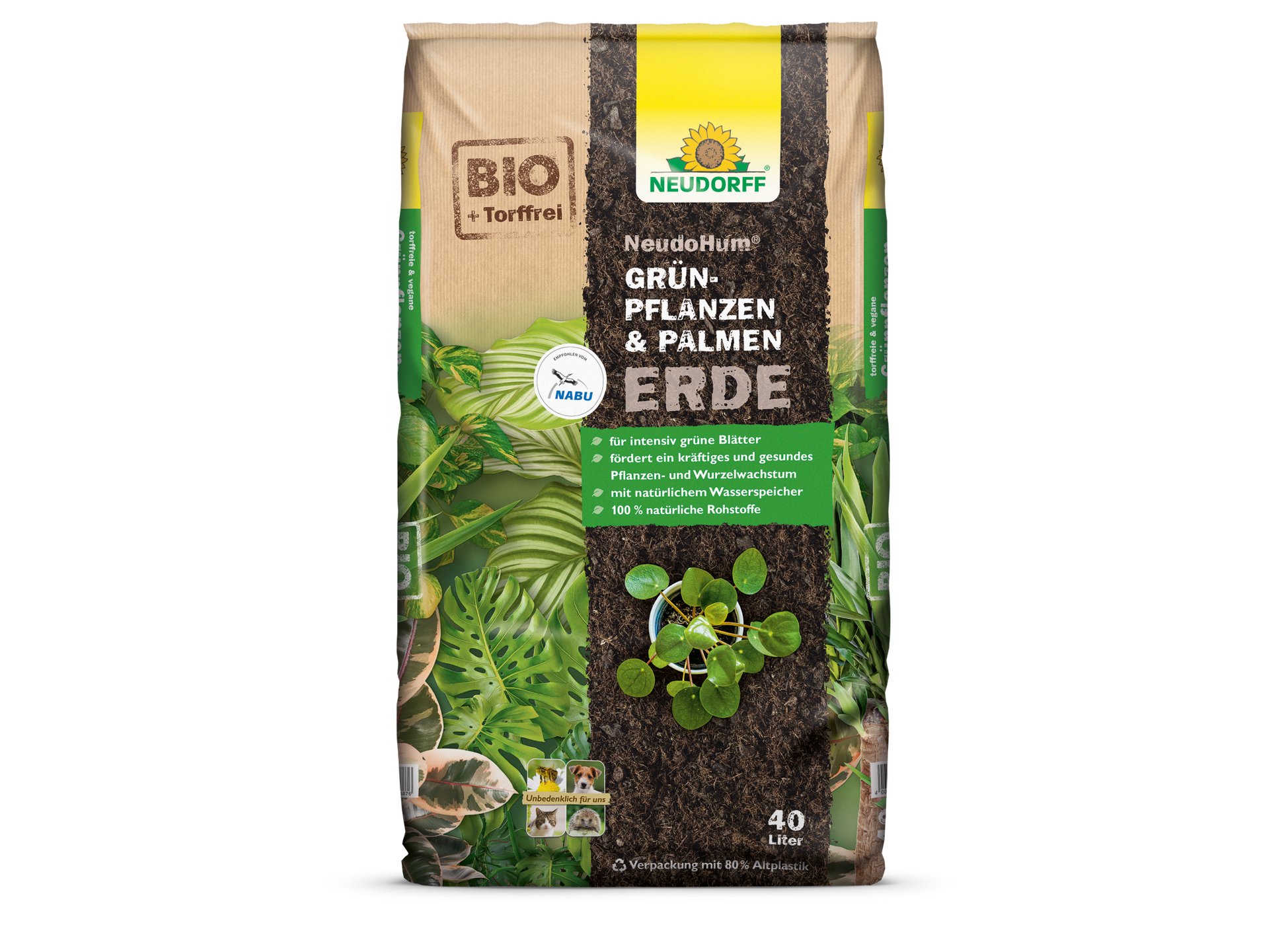 The 40L NeudoHum Green Plant & Palm Soil from Neudorff Shop is a peat-free potting soil for houseplants and palms with a natural water reservoir. The brown-green packaging is accented with white-yellow highlights and green foliage images.