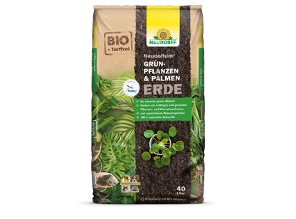 The 40L NeudoHum Green Plant & Palm Soil from Neudorff Shop is a peat-free potting soil for houseplants and palms with a natural water reservoir. The brown-green packaging is accented with white-yellow highlights and green foliage images.