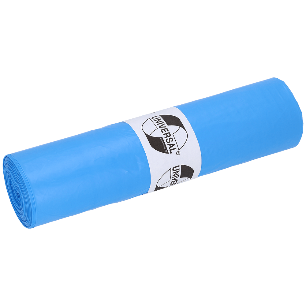 A roll of DEISS 40104 garbage bags from EMIL DEISS KG, 630x800x0.023 mm, blue, roll with 50 pieces. White label shows "UNIVERSAL" and black-and-white logo. Practical as garbage bags for versatile disposal.