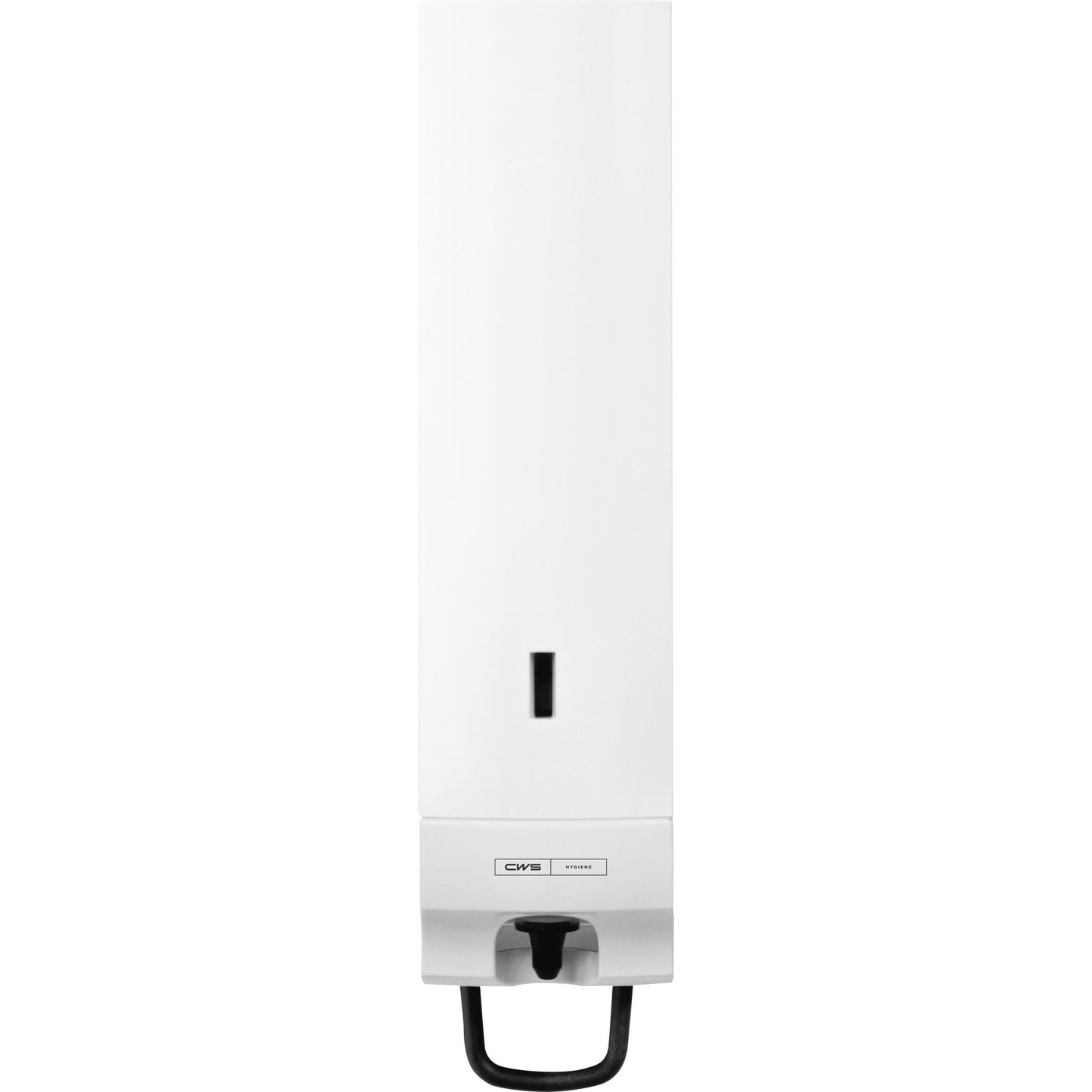 The CWS ParadiseLine Foam Soap Dispenser Foam Slim including panel in white is a wall-mounted dispenser with a viewing window and black handle. Perfect for hygienic hand washing, with the brand logo "CWS" on the front.