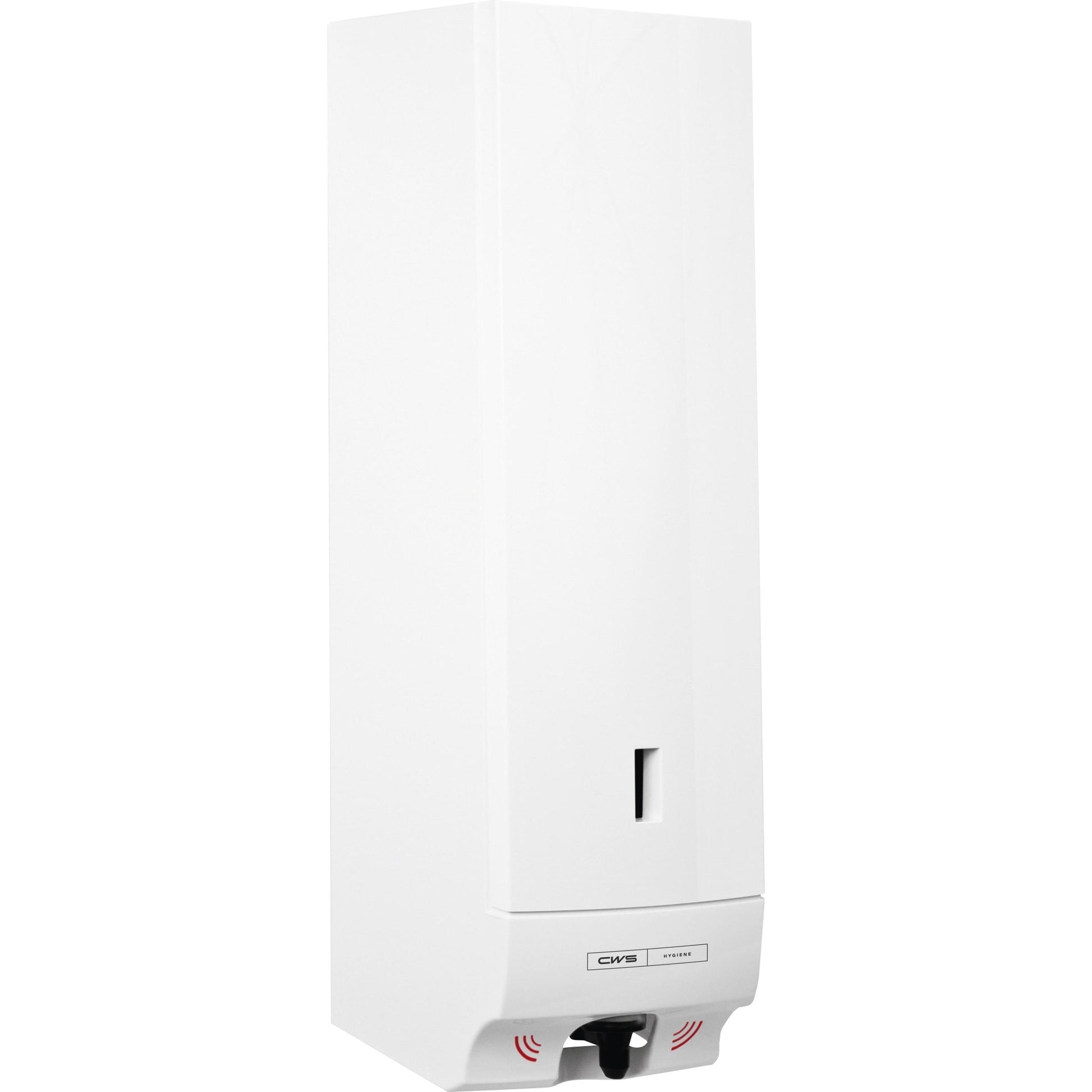 The CWS ParadiseLine foam soap dispenser Foam Slim Non-Touch in white features a rectangular wall design with a transparent window for the fill level and a touchless sensor at the nozzle for optimal hygiene.