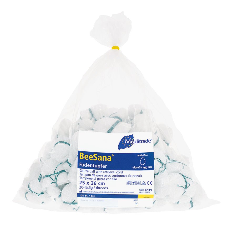 BeeSana® thread swab non-sterile with RöKo, 25 x 26 cm, egg-sized, green thread | Pack (1 piece)