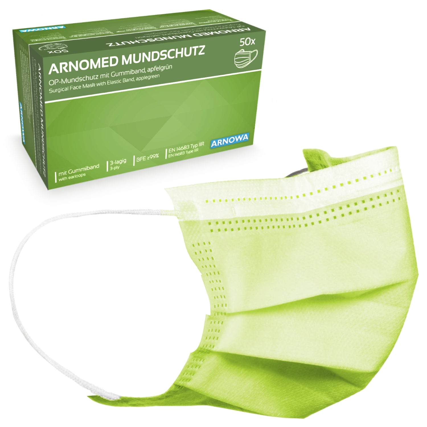 A green ARNOMED MOUTH PROTECTION TYPE IIR surgical mask with rubber bands from ARNOWA GmbH is in front of a green and white box indicating 50 pieces per pack.