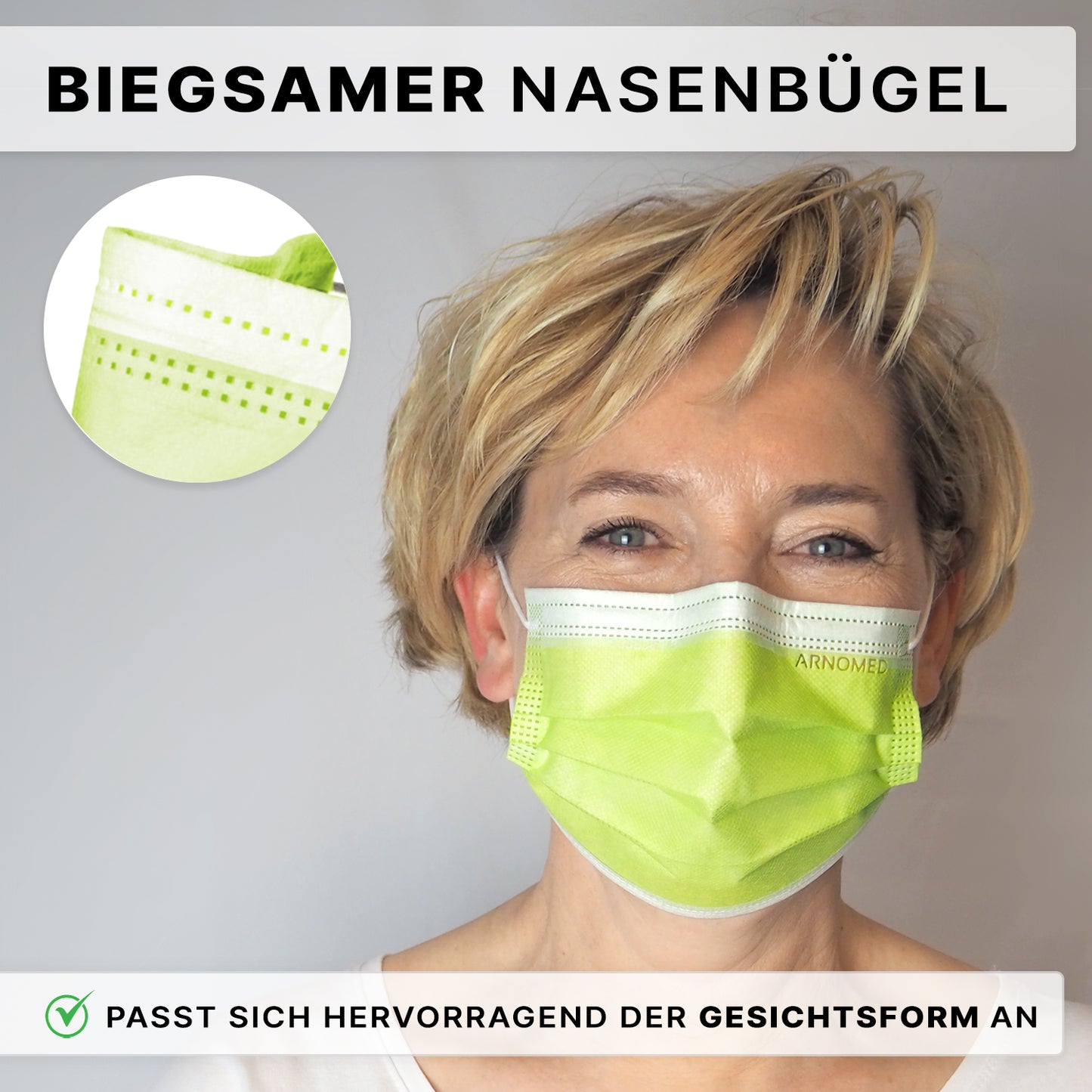 A woman with short blonde hair wears an ARNOMED MOUTH PROTECTION TYPE IIR surgical mask with rubber bands Type IIR from ARNOWA GmbH in light green, with a flexible nose clip. A close-up of the nose area is in the top left, with German text above and below.