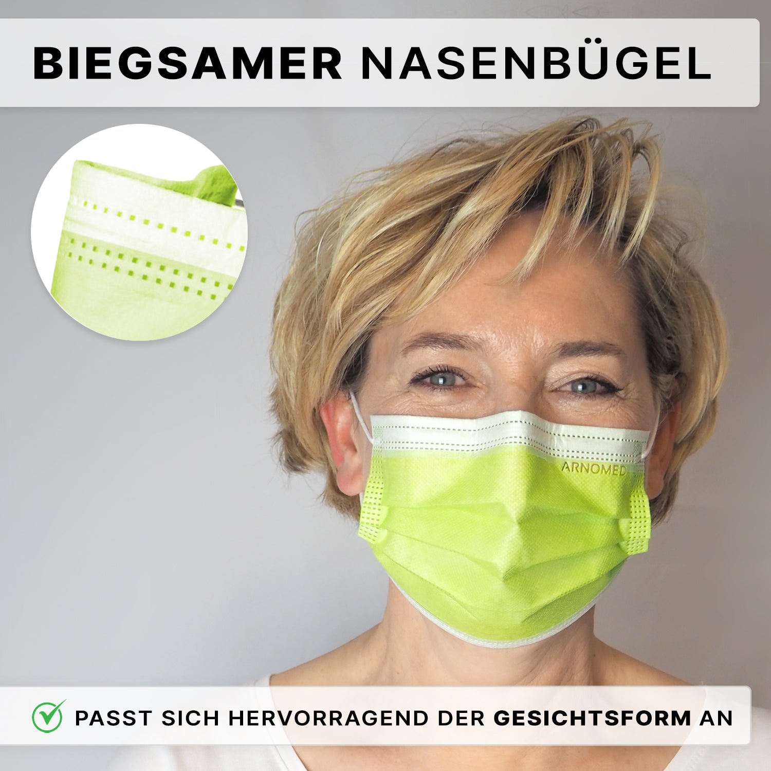 A woman with short blonde hair wears an ARNOMED MOUTH PROTECTION TYPE IIR surgical mask with rubber bands Type IIR from ARNOWA GmbH in light green, with a flexible nose clip. A close-up of the nose area is in the top left, with German text above and below.