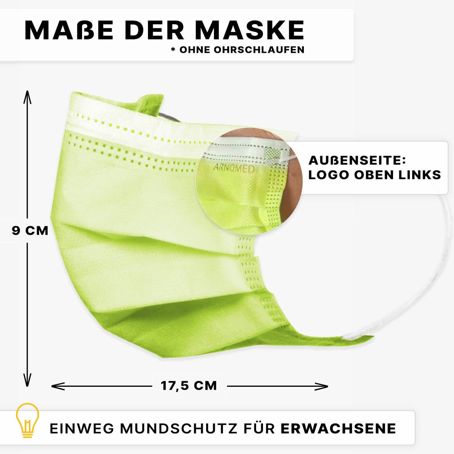 An ARNOMED MOUTH PROTECTION TYPE IIR surgical mask with rubber bands from ARNOWA GmbH in Green (17.5 x 9 cm) is shown. A logo is in the top left. The German text describes the features of this medical mask type.