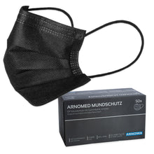 A black ARNOMED MOUTH PROTECTION TYPE IIR surgical mask with rubber bands from ARNOWA GmbH is above a box with 50 surgical masks, featuring blue and white accents on a black background.