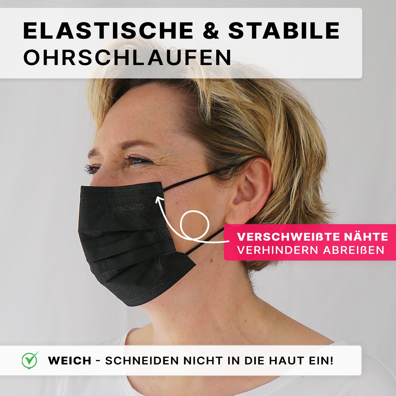 A woman wears the ARNOMED MOUTH PROTECTION TYPE IIR surgical mask with rubber bands Type IIR from ARNOWA GmbH. Stable weld seams, a soft, skin-friendly material, and a secure, elastic fit ensure daily comfort.
