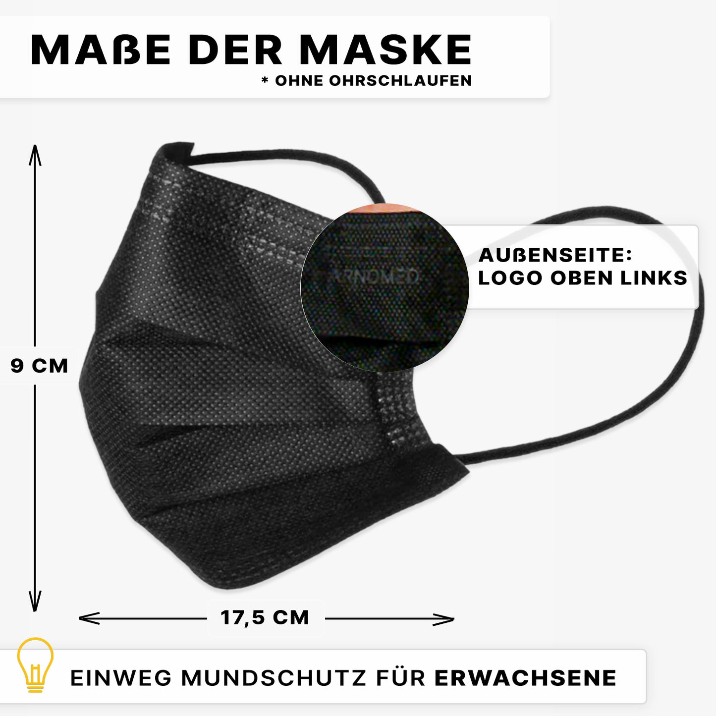 Pictured is a black ARNOMED MOUTH PROTECTION TYPE IIR surgical mask with rubber bands from ARNOWA GmbH for adults, 9 x 17.5 cm without ear loops. A detail highlights the logo in the top left, and German labels list the dimensions and features.