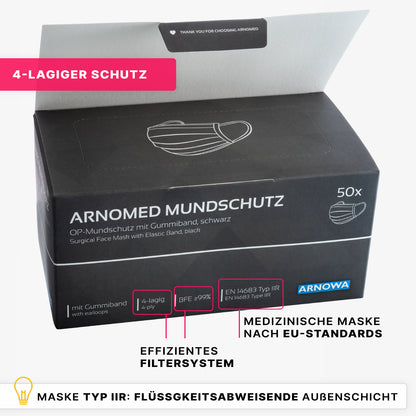 Pictured is a box of ARNOMED MOUTH PROTECTION TYPE IIR surgical mask with rubber bands from ARNOWA GmbH, featuring 4-layer protection, efficient filtration, compliance with EU standard Type IIR, and a fluid-resistant outer layer.