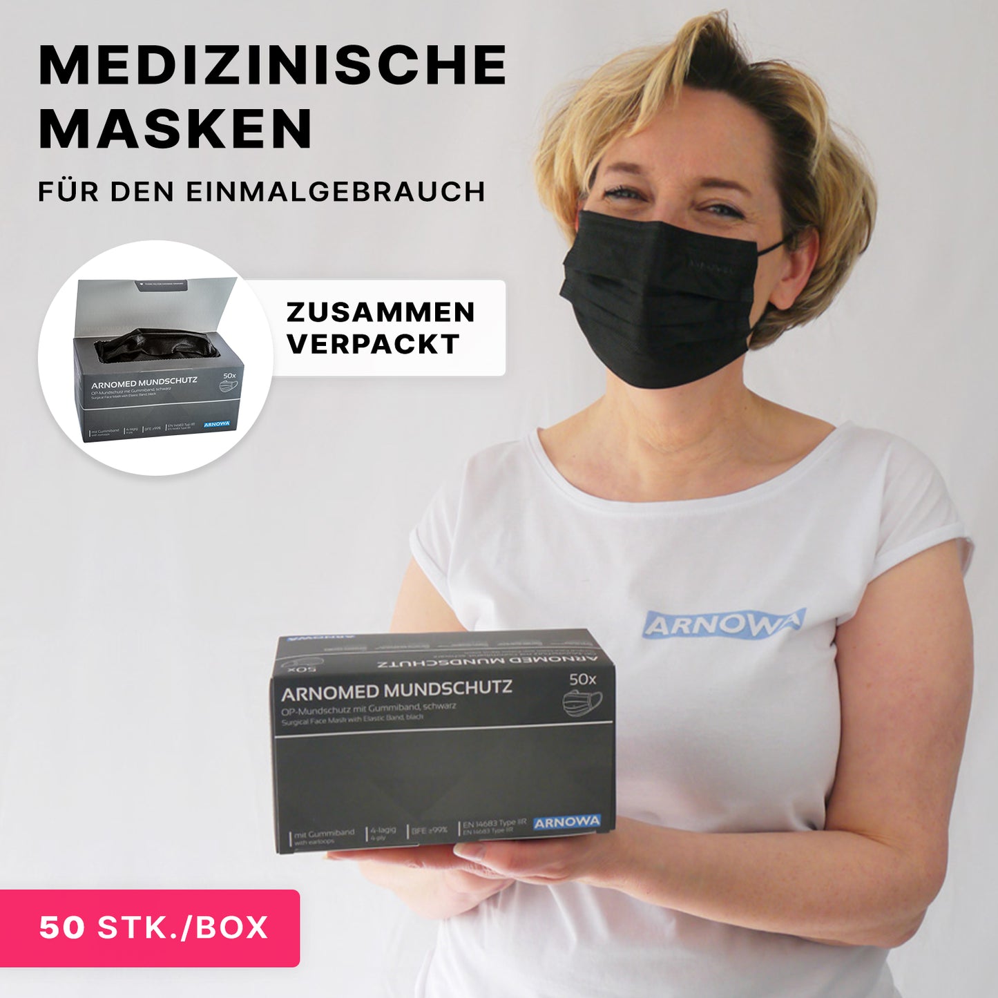 A woman in a black medical mouth protection and white shirt holds a box with 50 ARNOMED MOUTH PROTECTION TYPE IIR surgical masks with rubber bands from ARNOWA GmbH and points out that these disposable masks are packaged together.