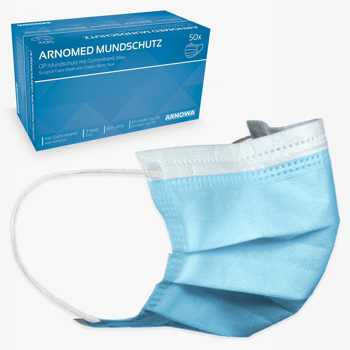 Behind a single light blue disposable mask with white elastic ear loops stands a blue box labeled "ARNOMED MOUTH PROTECTION TYPE IIR surgical mask with rubber bands Type IIR" from ARNOWA GmbH, with a mask image and German text.