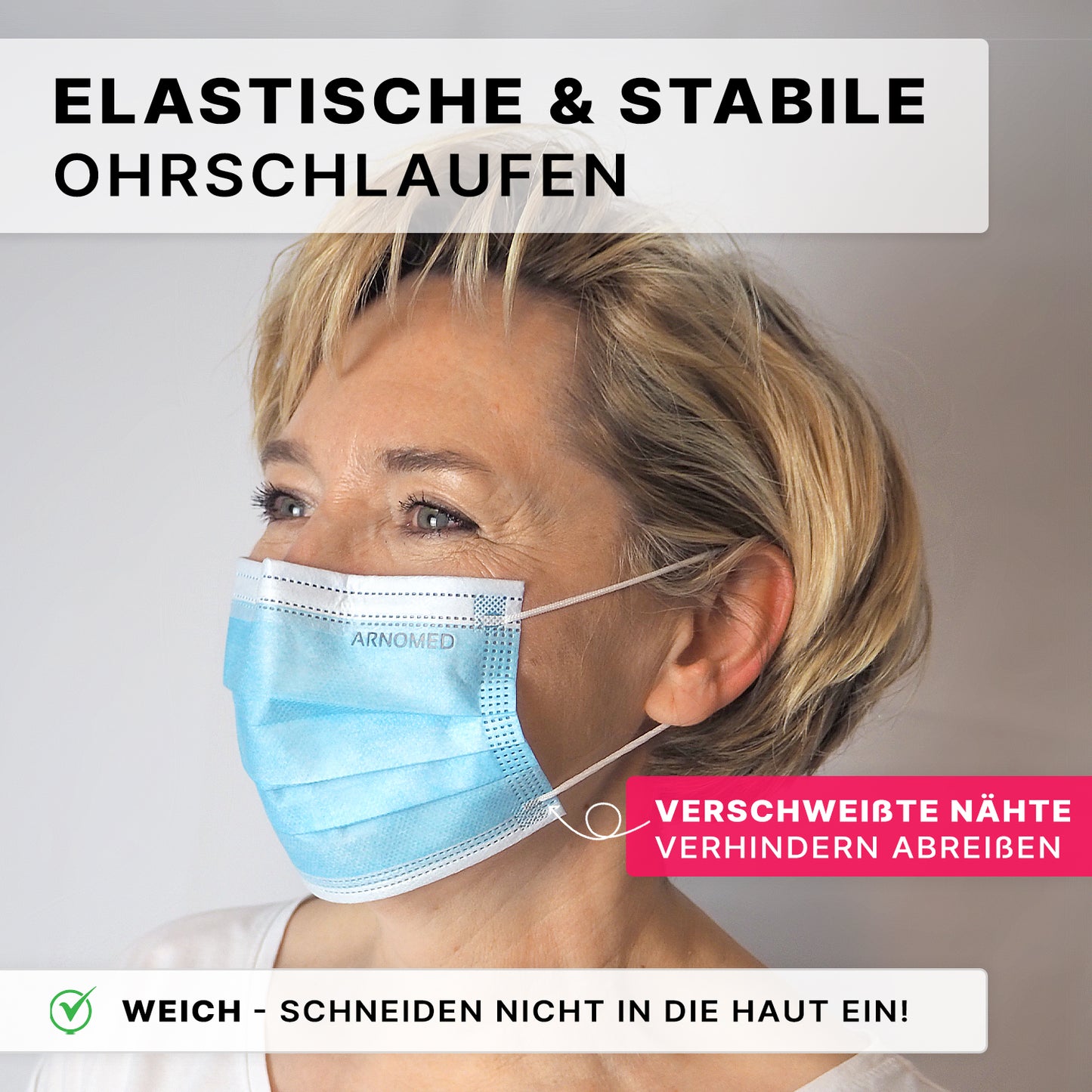 A woman with short blonde hair wears the blue ARNOMED MUNDSCHUTZ TYPE IIR surgical mask with elastic bands Type IIR from ARNOWA GmbH; the German text highlights elastic ear loops, welded seams, and skin-friendly, soft material.