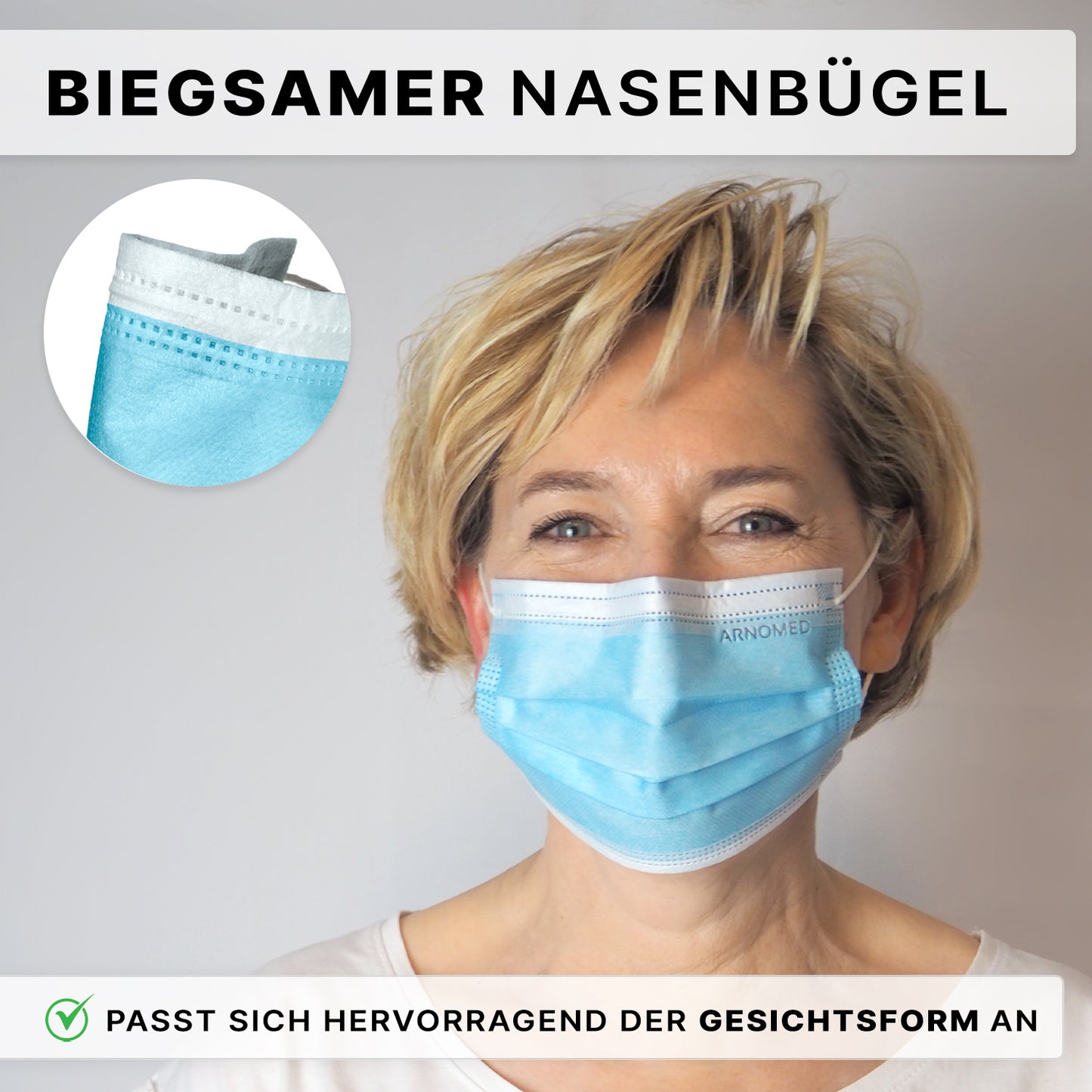 A woman with short blonde hair wears the ARNOMED MUNDSCHUTZ TYPE IIR surgical mask with elastic bands from ARNOWA GmbH. An insert highlights the flexible nose wire. The German text explains that the mask fits snugly for optimal protection.