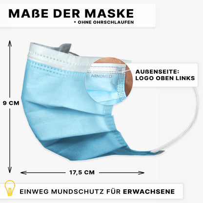 Blue ARNOMED MUNDSCHUTZ TYPE IIR surgical mask with elastic bands Type IIR from ARNOWA GmbH, in profile with white ear loops; dimensions 9 cm x 17.5 cm. The insert shows the outside with the logo at the top left. Suitable for adults.