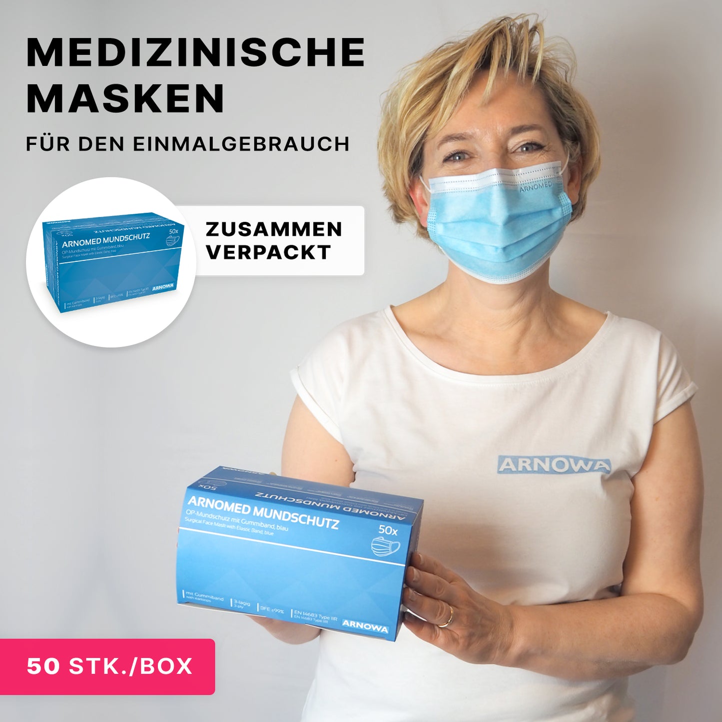 A woman with a blue medical mask holds a box labeled "ARNOMED MUNDSCHUTZ TYPE IIR surgical mask with elastic bands Type IIR" from ARNOWA GmbH. The packaging states "Medical masks for single use," 50 pieces per box, with a close-up image.