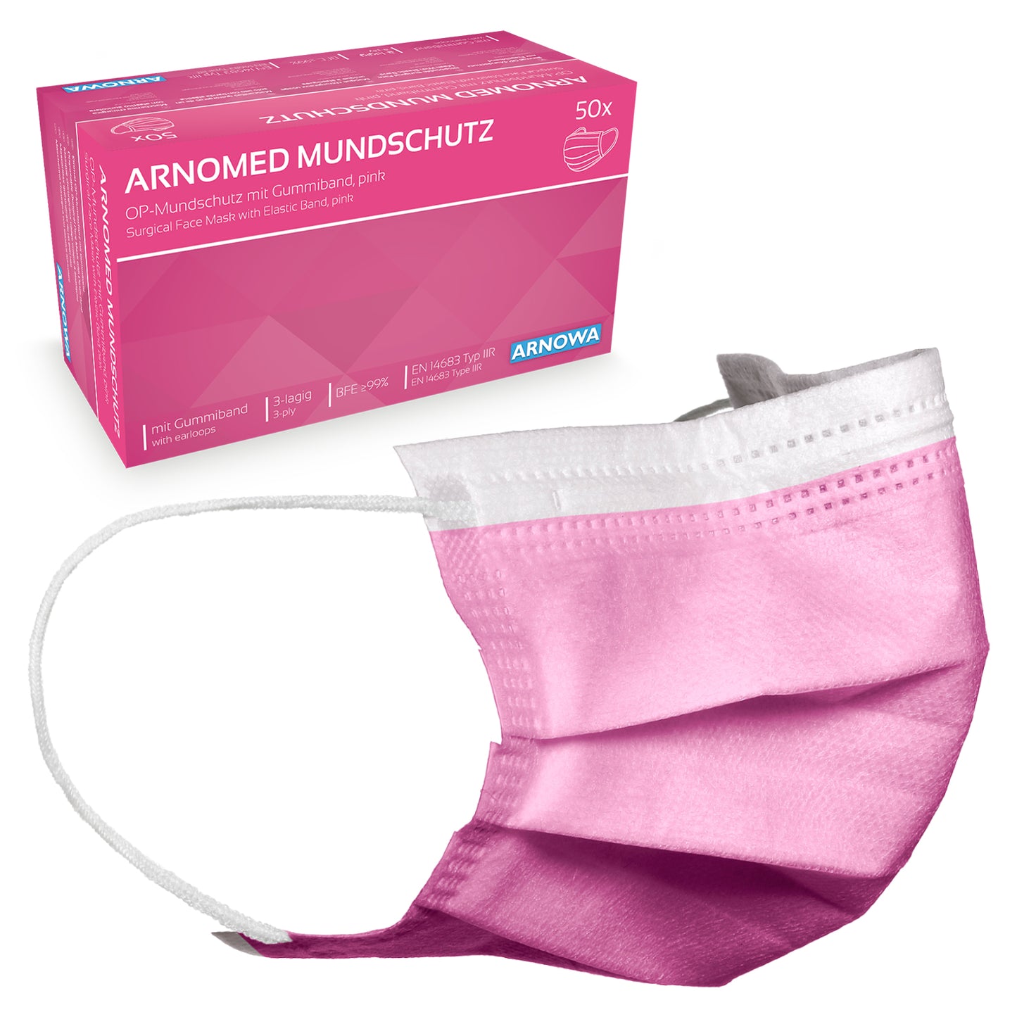 A pink ARNOMED MOUTH PROTECTION TYPE IIR surgical mask with rubber bands from ARNOWA GmbH is shown in front of its pink box labeled "ARNOMED MOUTH PROTECTION," which contains 50 pieces and features product and safety information in German.