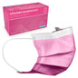 A pink ARNOMED MOUTH PROTECTION TYPE IIR surgical mask with rubber bands from ARNOWA GmbH is shown in front of its pink box labeled "ARNOMED MOUTH PROTECTION," which contains 50 pieces and features product and safety information in German.