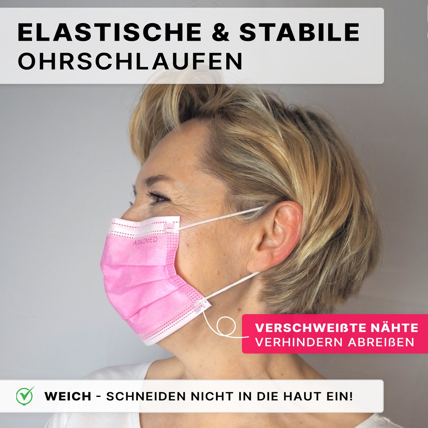 A woman with short blonde hair wears the ARNOMED MUNDSCHUTZ TYPE IIR surgical mask with elastic bands from ARNOWA GmbH. The German text highlights the sturdy ear loops, welded seams, and skin-friendly, soft material.